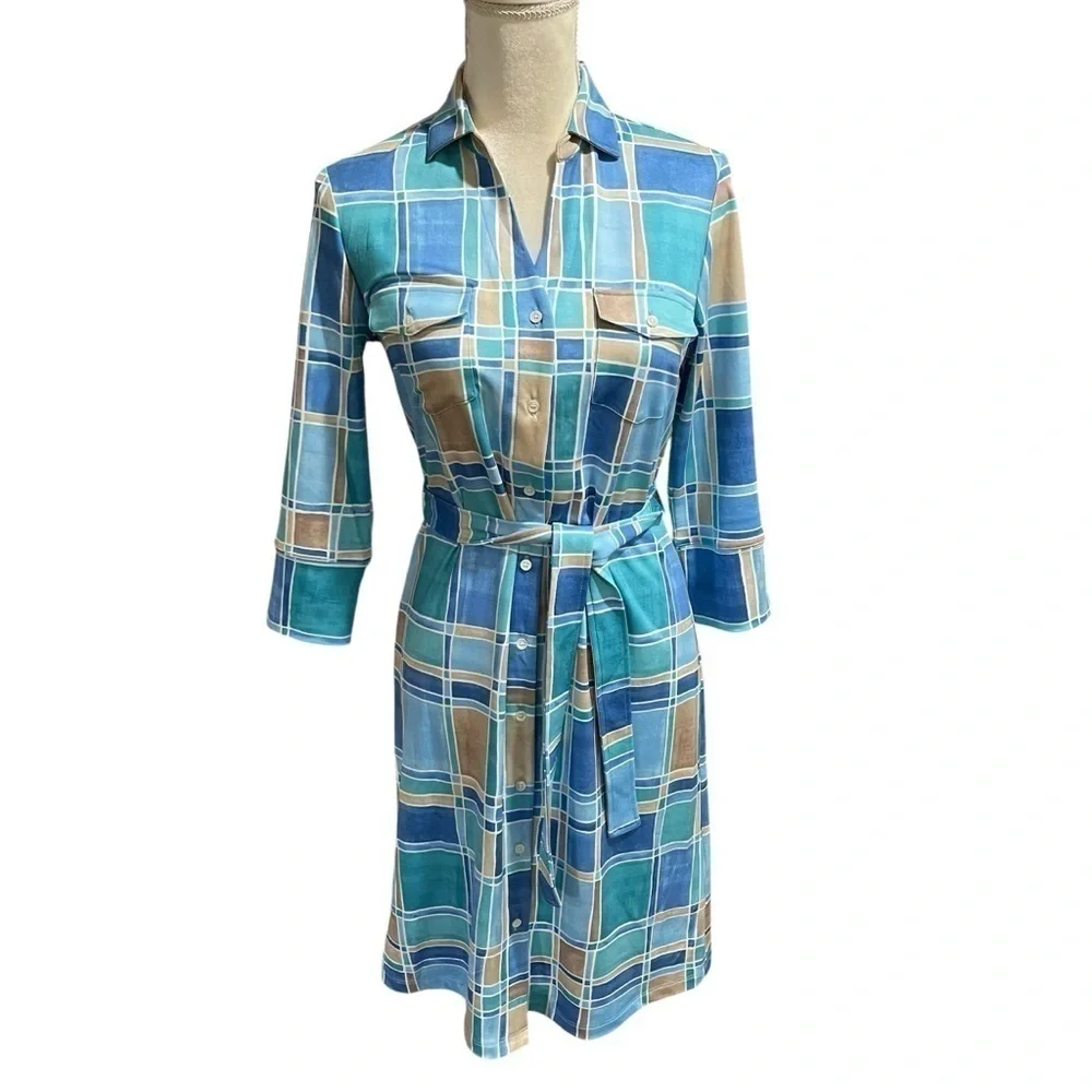 J. McLaughlin Brynn Tile Print Jersey Knit Collared V-Neck 3/4 Sleeve Dress NWT